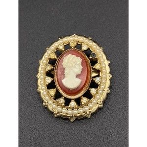Vintage Coro Cameo Brooch Gold Tone with Faux Pearls and Rhinestones - Signed